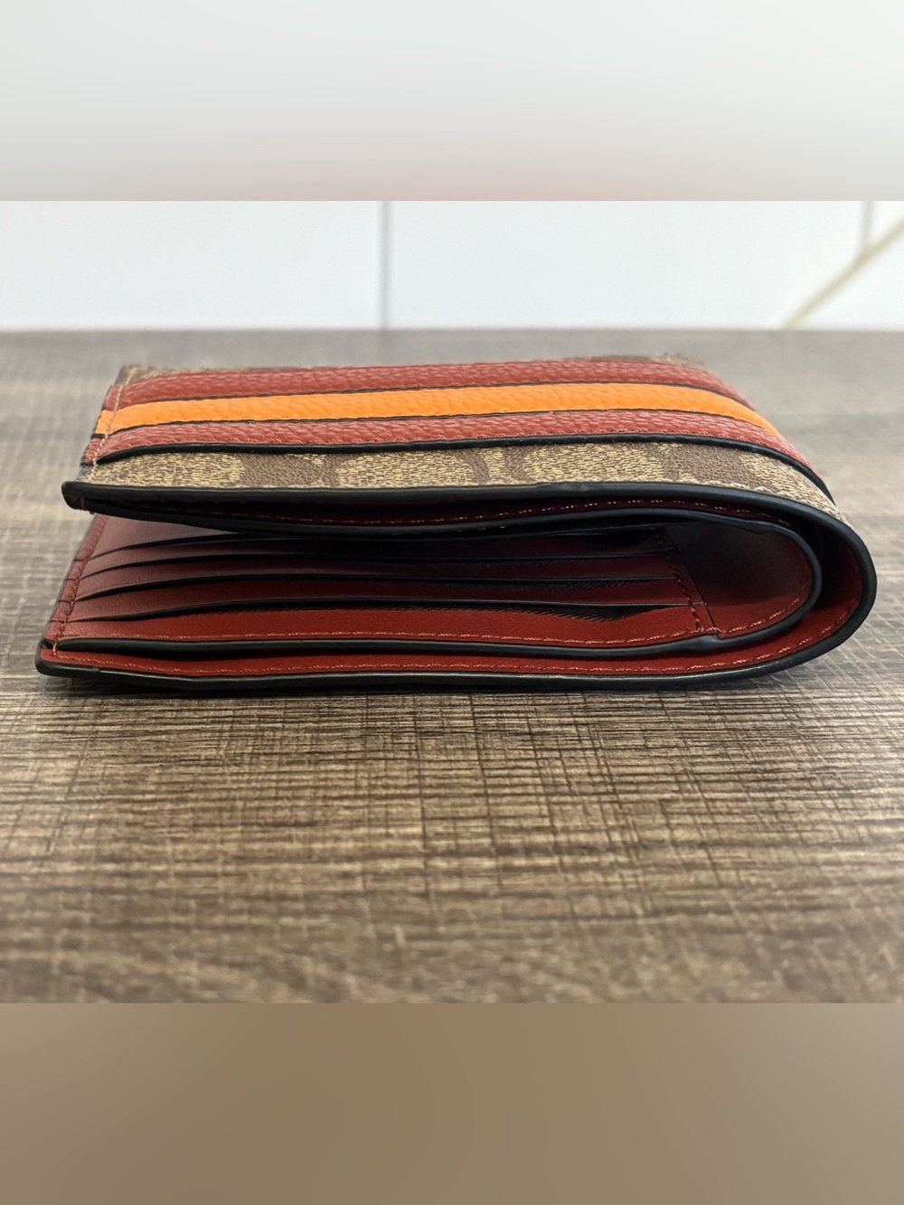 Coach Signature Canvas Bifold Wallet with Red and Orange Stripes - Picture 6 of 11